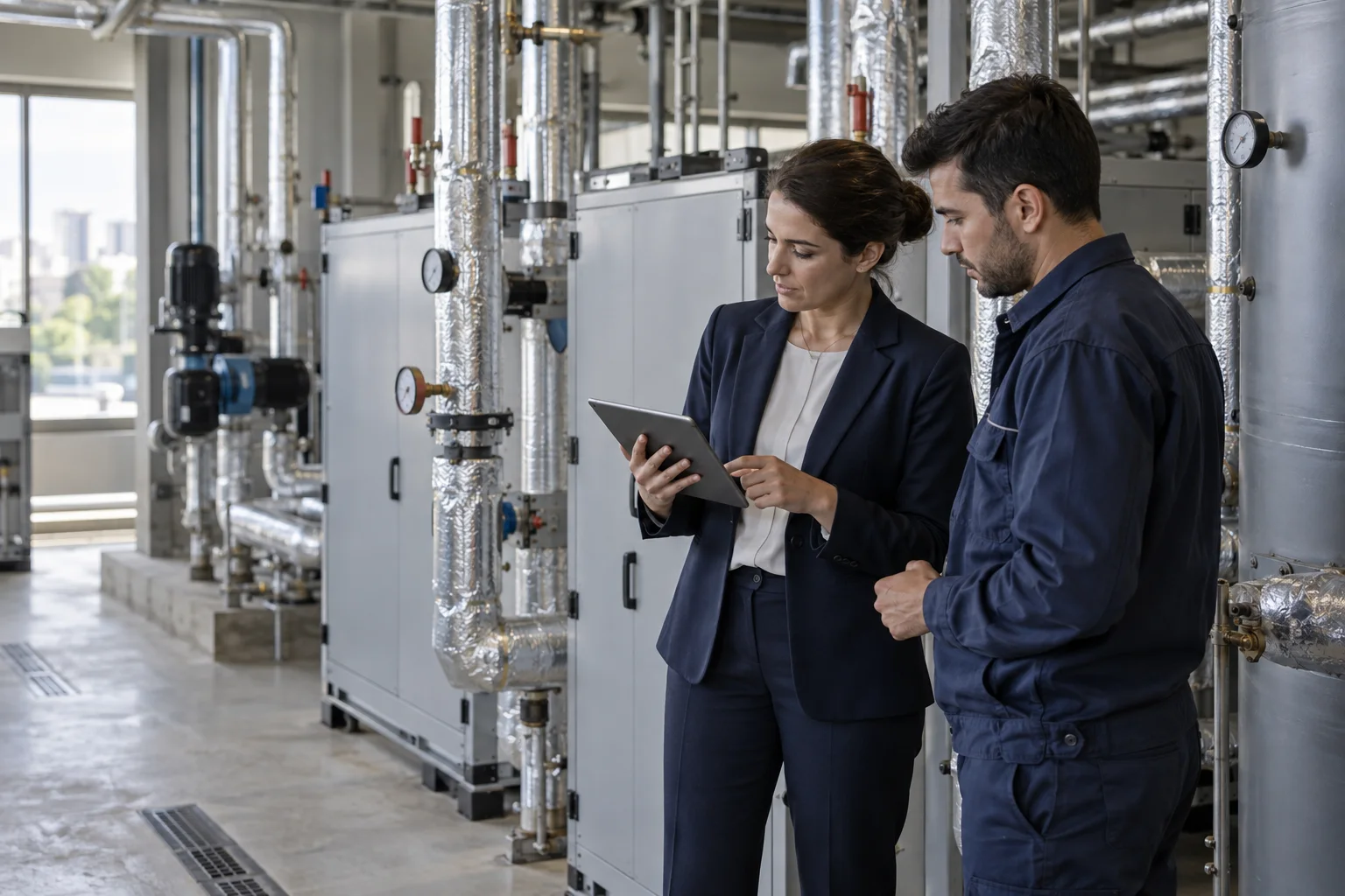 Teknik ekipmanların bakımını değerlendiren iki kişi